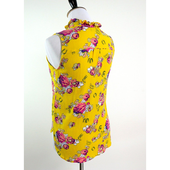 ModCloth Size S Like the Wind Tie-Neck Blouse Mustard Yellow Floral - Picture 3 of 10